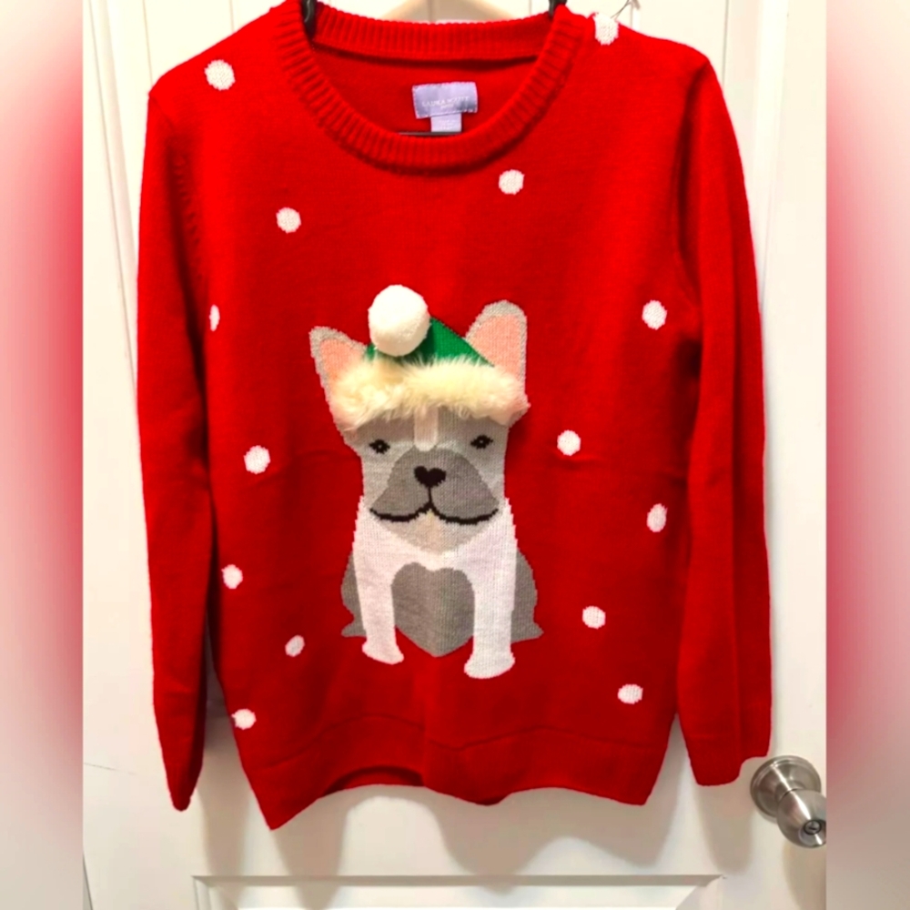 Laura Scott Women’s Ugly Christmas Sweater Bulldog Red Long Sleeve Size PS
